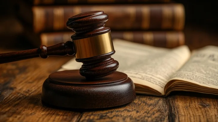 Wooden gavel resting on sound block beside open law books