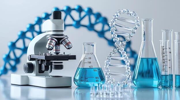 Microscope, DNA helix model, and lab flasks on a research bench